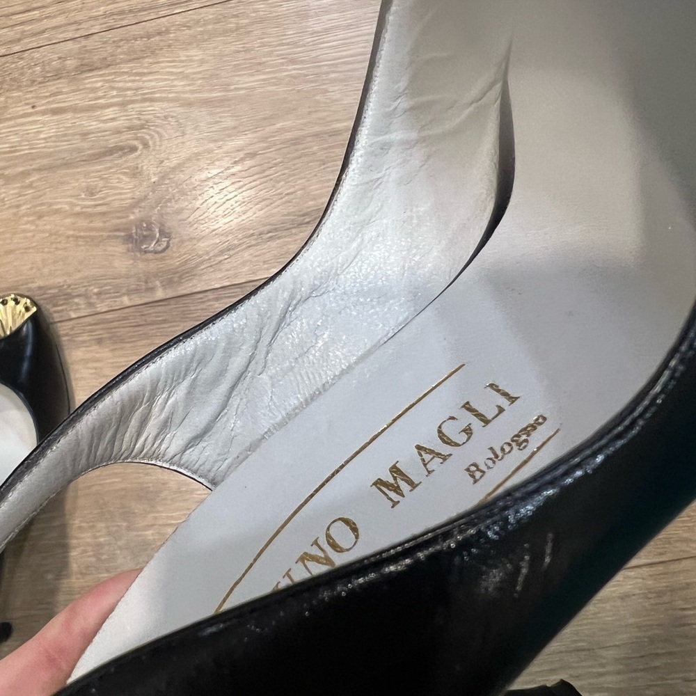 BRUNO MAGLI black leather peep toe sling shoes with gold accent on the toe - Picture 10 of 16